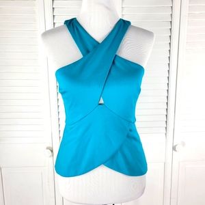 Bebe women S aqua blue green peplum top crisscross neck back zipper